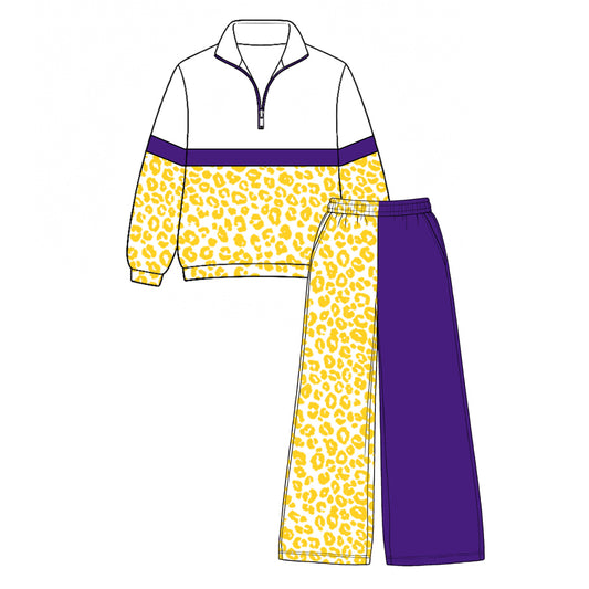 Preorder moq 5 Baby Girls Yellow Purple Leopard Zip Pullover Flare Pants Clothes Sets