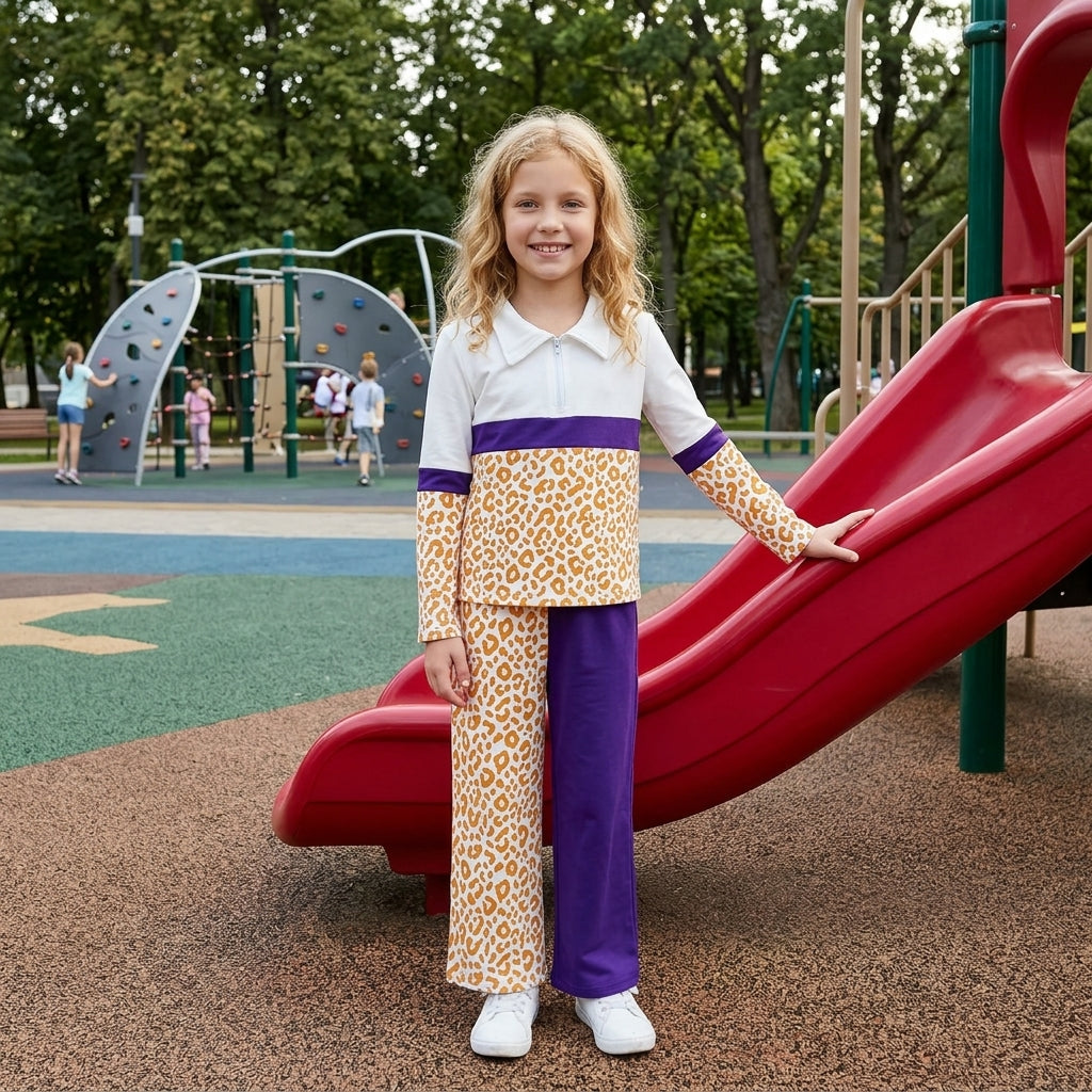 Baby Girls Yellow Purple Leopard Zip Pullover Flare Pants Clothes Sets