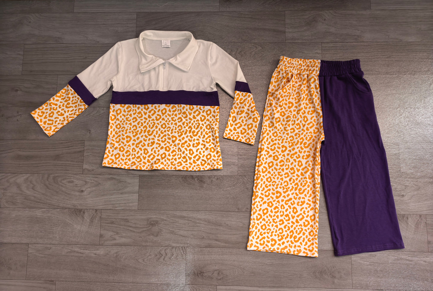 Baby Girls Yellow Purple Leopard Zip Pullover Flare Pants Clothes Sets Preorder
