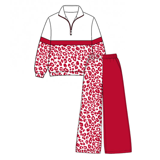 Preorder moq 5 Baby Girls Red Leopard Zip Pullover Flare Pants Clothes Sets