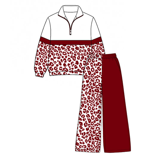 Preorder moq 5 Baby Girls Maroon Leopard Zip Pullover Flare Pants Clothes Sets