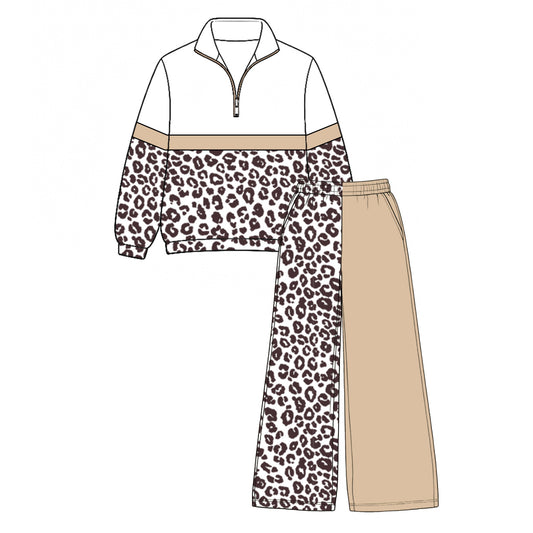 Preorder moq 5 Baby Girls Khaki Leopard Zip Pullover Flare Pants Clothes Sets