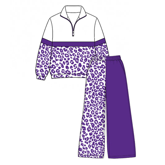 Preorder moq 5 Baby Girls Purple Leopard Zip Pullover Flare Pants Clothes Sets