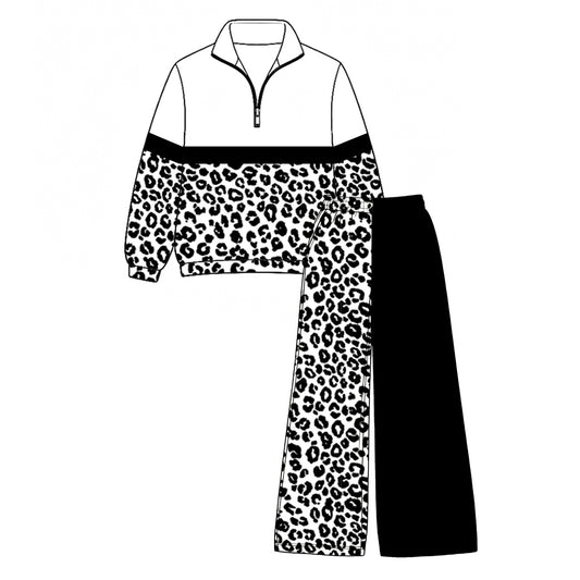 Preorder moq 5 Baby Girls Black Leopard Zip Pullover Flare Pants Clothes Sets