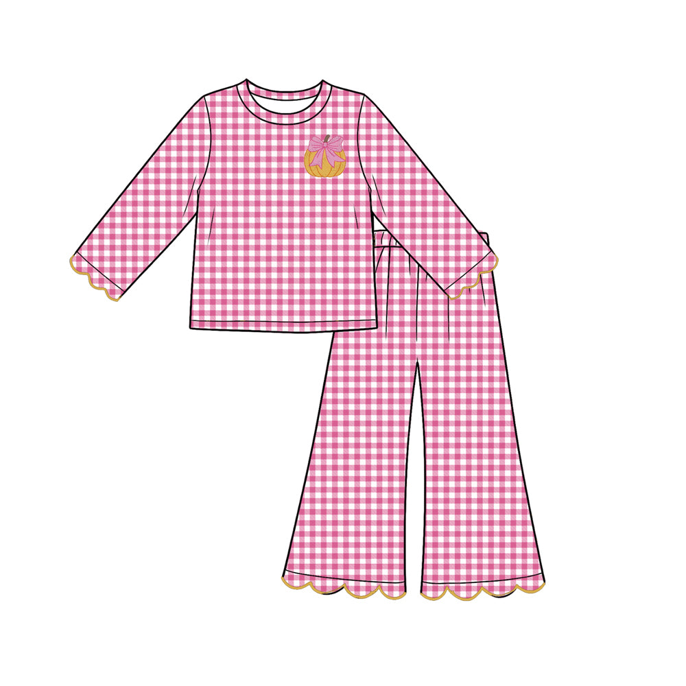 Preorder moq 5 Baby Girls Pink Checked Bow Pumpkins Top Scallop Pant Fall Clothes Set