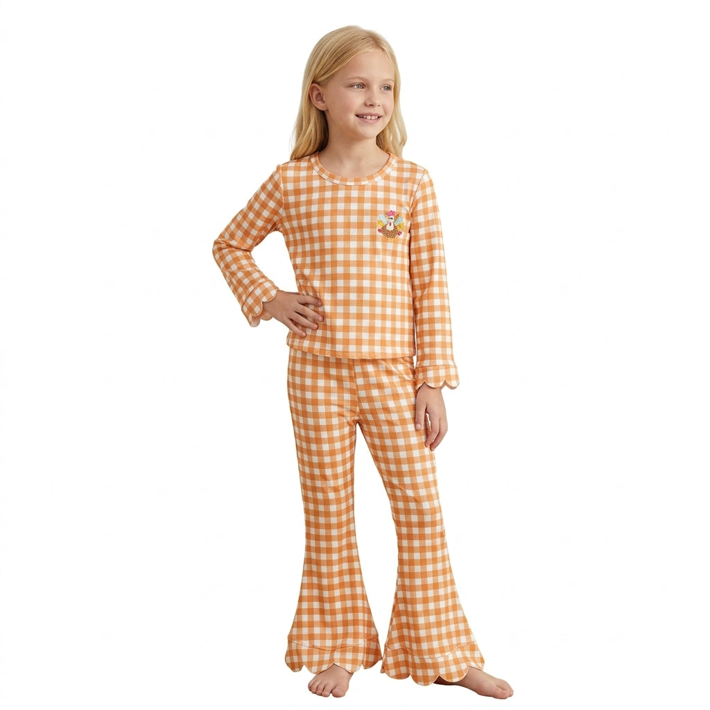 Embroidery Turkey Baby Girls Orange Checked Scallop Flare Pant Thanksgivings Clothes Set
