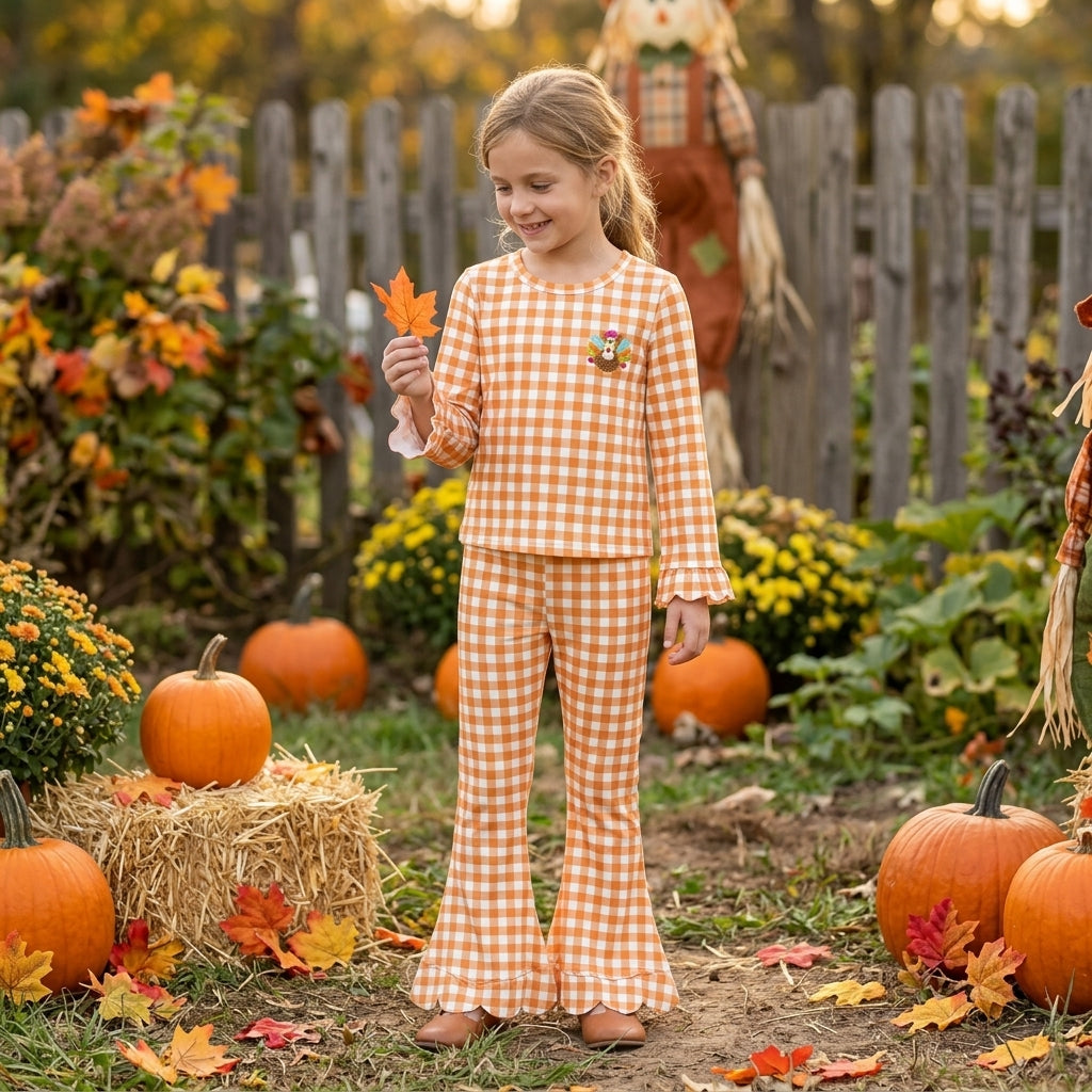 Embroidery Turkey Baby Girls Orange Checked Scallop Flare Pant Thanksgivings Clothes Set