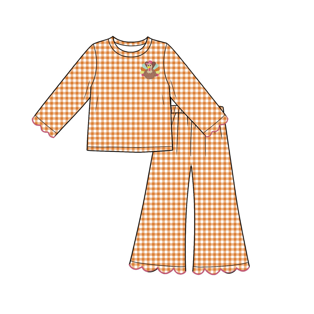 Preorder moq 5 Baby Girls Orange Checked Turkey Top Scallop Pant Thanksgivings Clothes Set