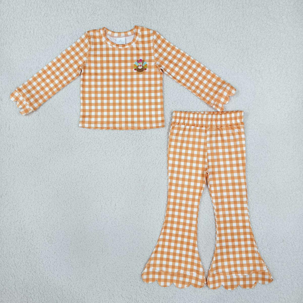 Embroidery Turkey Baby Girls Orange Checked Scallop Flare Pant Thanksgivings Clothes Set