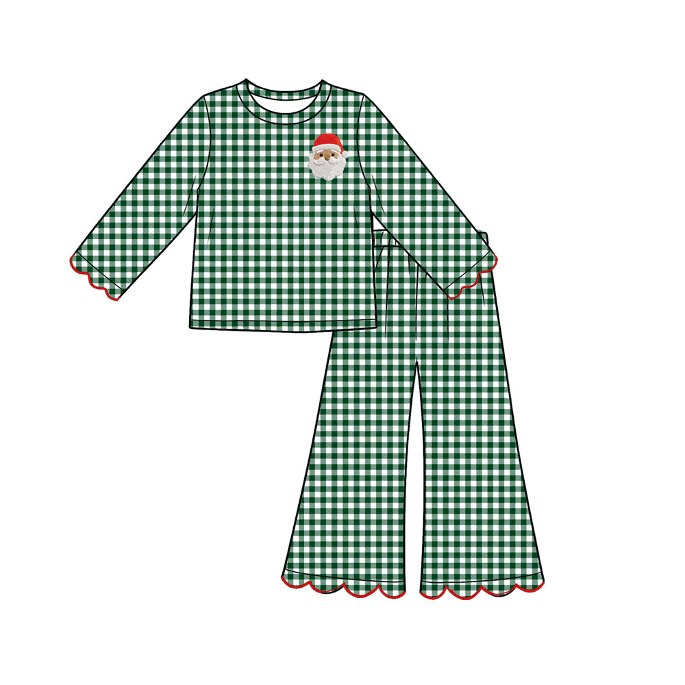 Preorder moq 5 Baby Girls Green Checked Turkey Top Scallop Pant Christmas Clothes Set