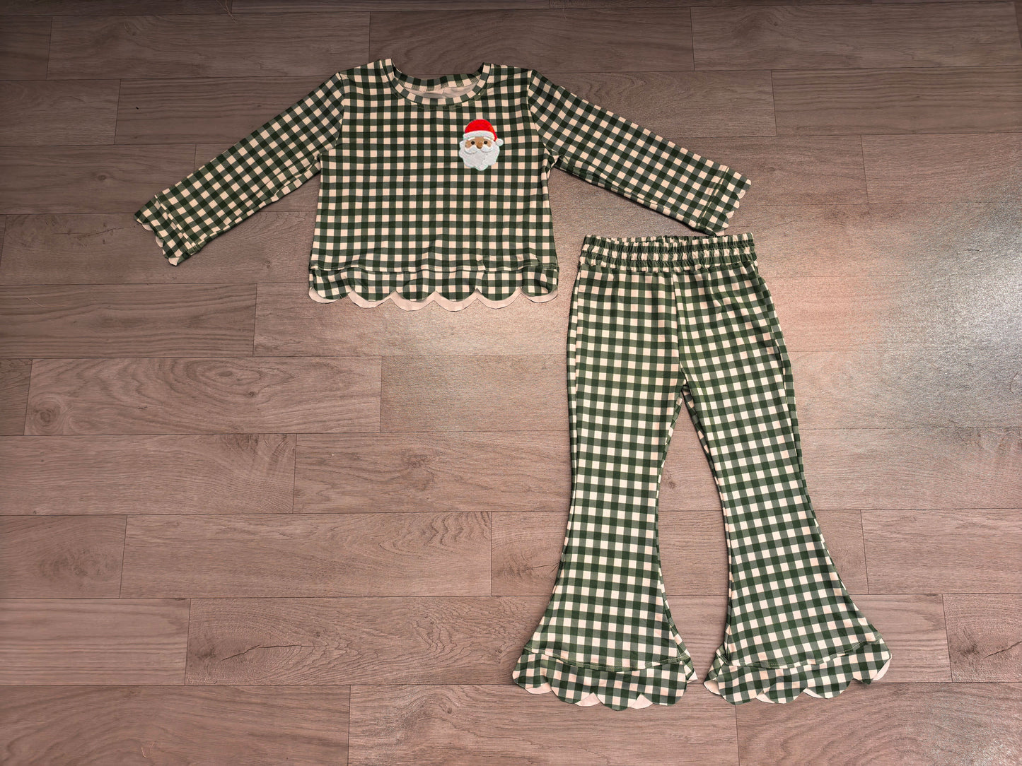 Embroidery Turkey Baby Girls Green Checked Top Bell Bottom Pant Christmas Scallop Set Preorder
