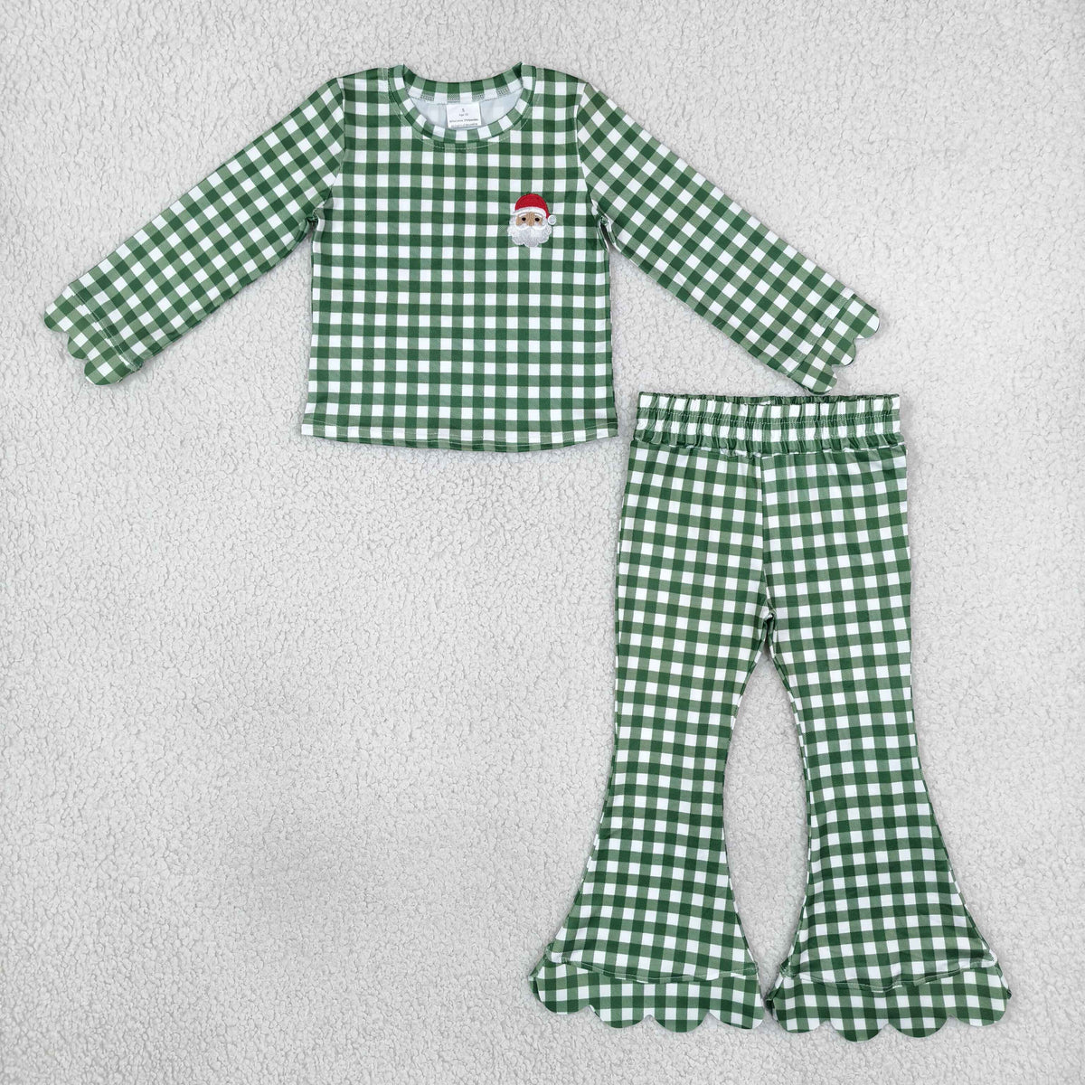 Sibling Baby Girls Embroidery Santa Tree Checked Shirt Scallop Pant Christmas Sets