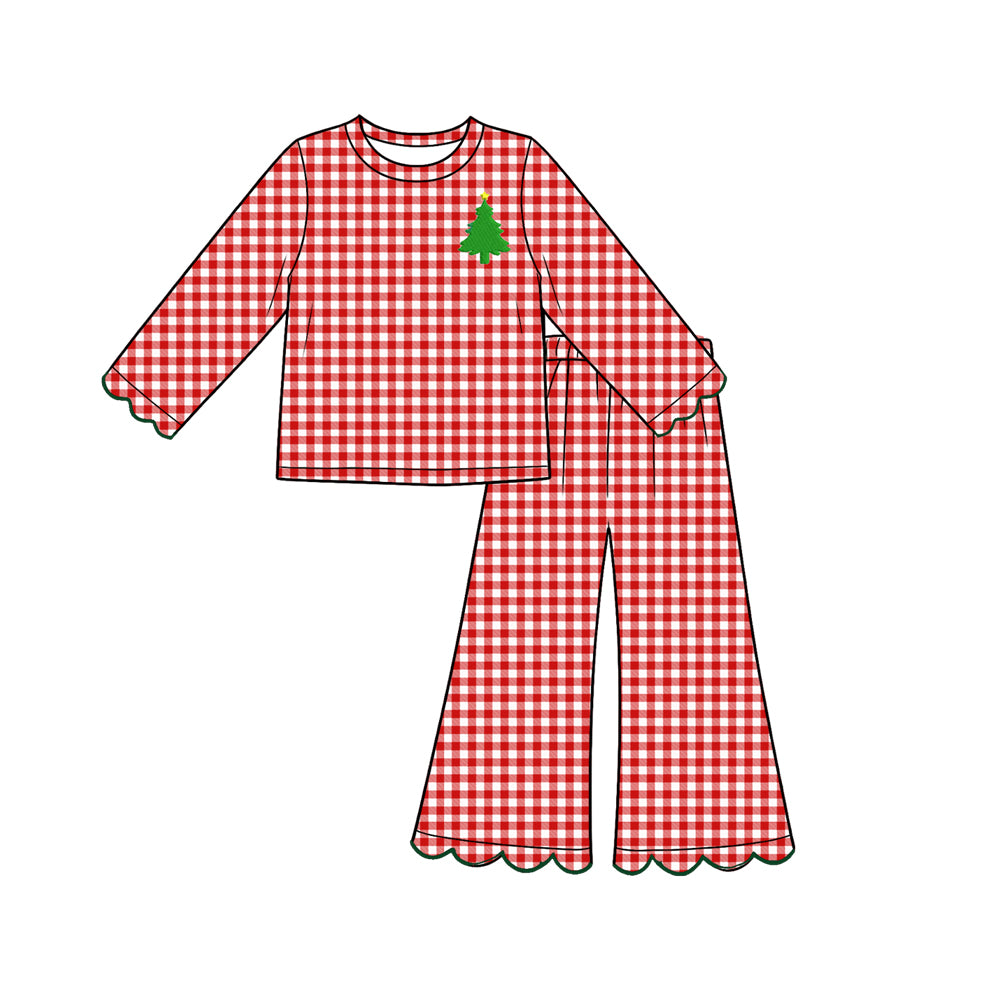 Preorder moq 5 Baby Girls Red Checked Trees Top Scallop Pant Christmas Clothes Set