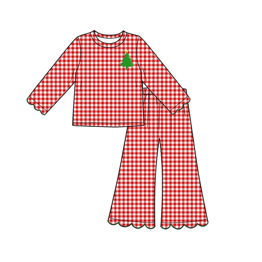Preorder moq 5 Baby Girls Red Checked Trees Top Scallop Pant Christmas Clothes Set