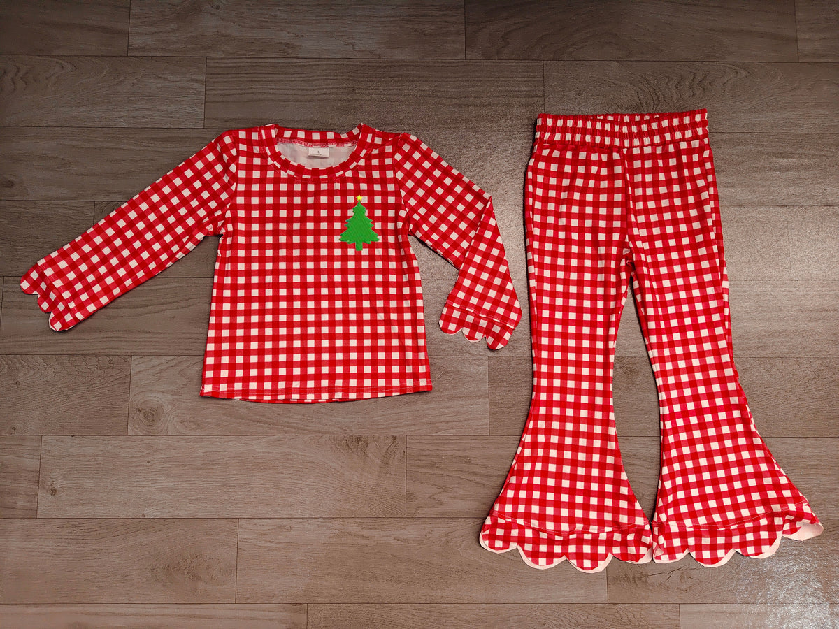 Embroidery Trees Baby Girls Red Checked Top Scallop Pant Christmas Clothes Set Preorder