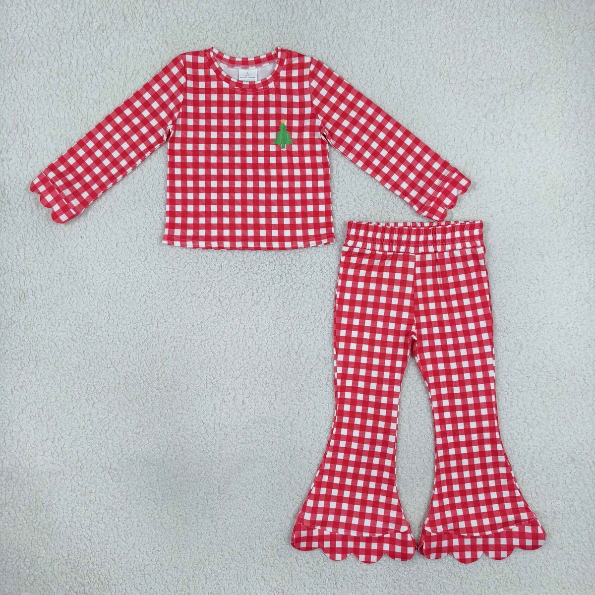 Sibling Baby Girls Embroidery Santa Tree Checked Shirt Scallop Pant Christmas Sets