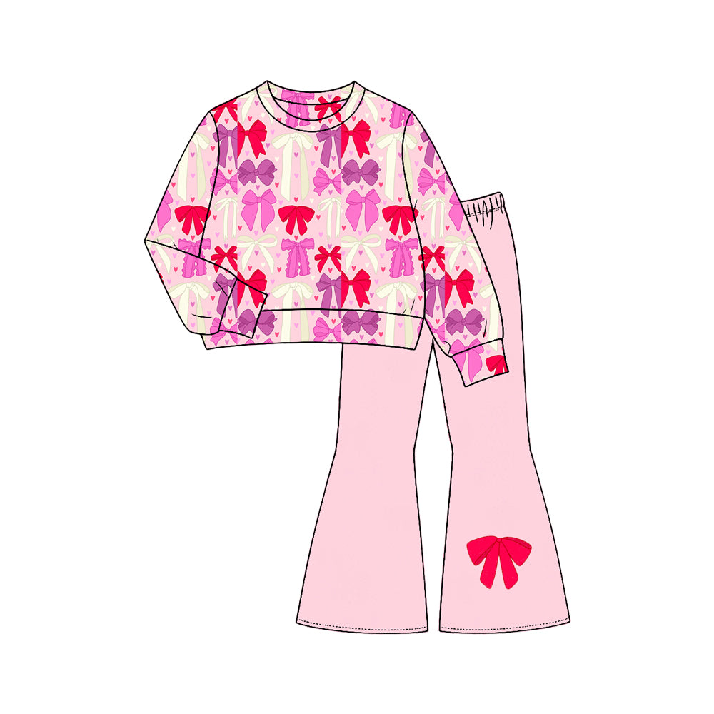 Preorder moq 5 Baby Girls Pink Bows Hearts Top Flare Pant Valentines Clothes Sets