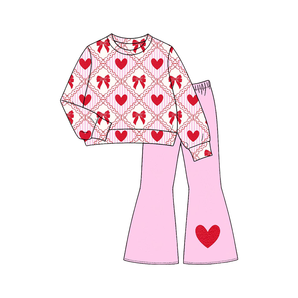 Preorder moq 5 Baby Girls Bows Hearts Checked Top Flare Pant Valentines Clothes Sets