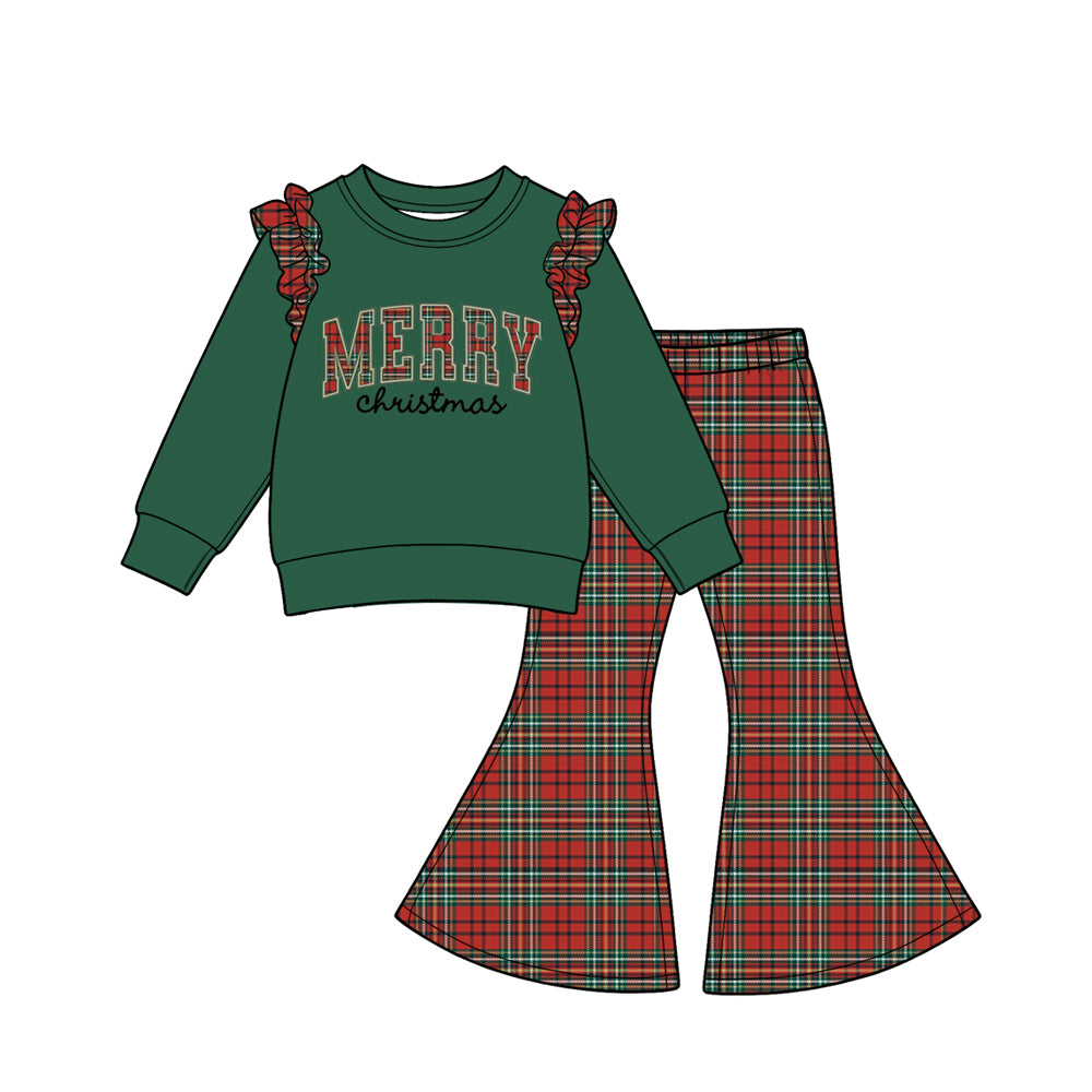 Preorder moq 5 Baby Girls Green Red Checked Top Flare Pant Merry Christmas Clothes Sets