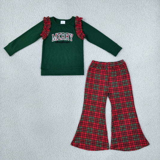 Embroidery Merry Baby Girls Green Red Checked Top Flare Pant Christmas Clothes Sets