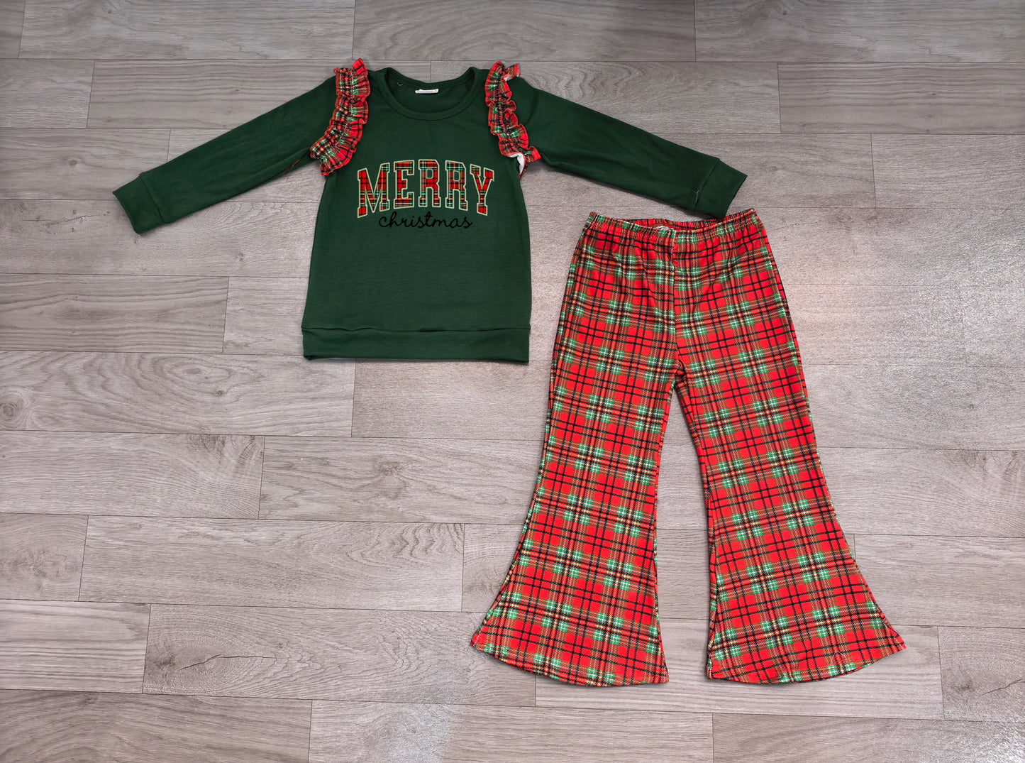 Preorder Baby Girls Green Red Checked Top Flare Pant Merry Christmas Clothes Sets