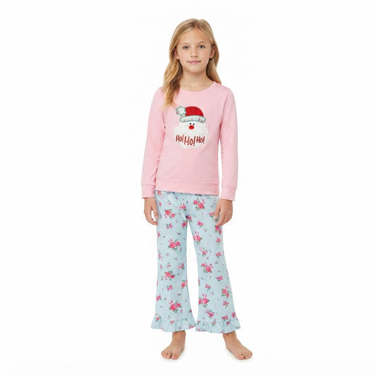 Embroidery Hat Santa Flowers Baby Girls Ruffle Flare Pant Christmas Clothes Set