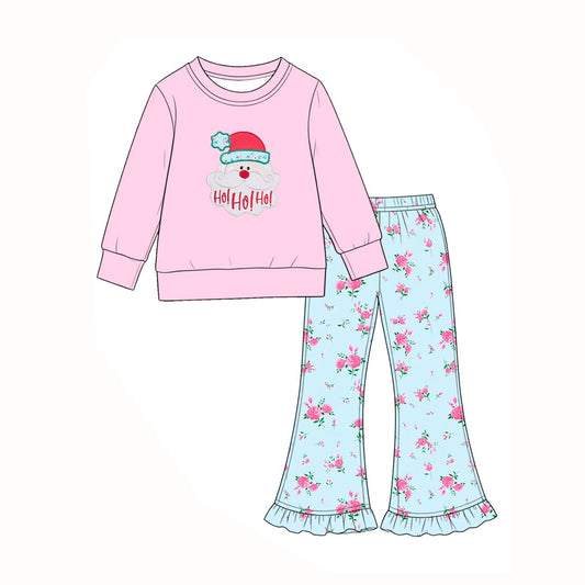 Preorder moq 5 Baby Girls Hat Santa Flowers Top Flare Pant Christmas Clothes Sets