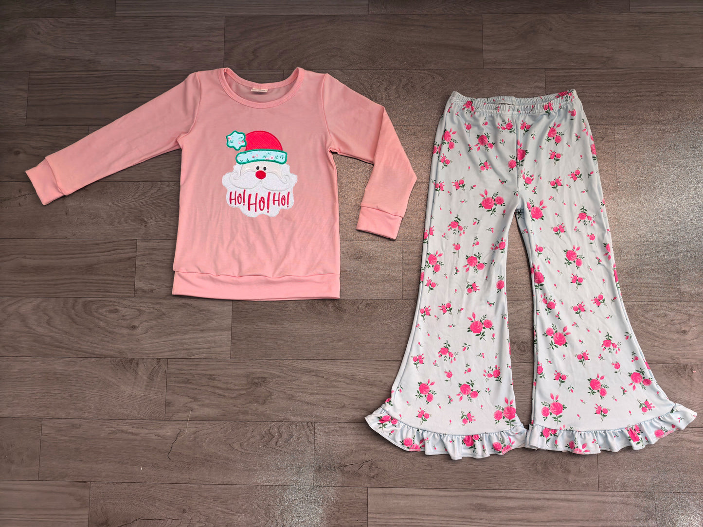 Embroidery Hat Santa Flowers Baby Girls Top Flare Pant Christmas Clothes Sets Preorder