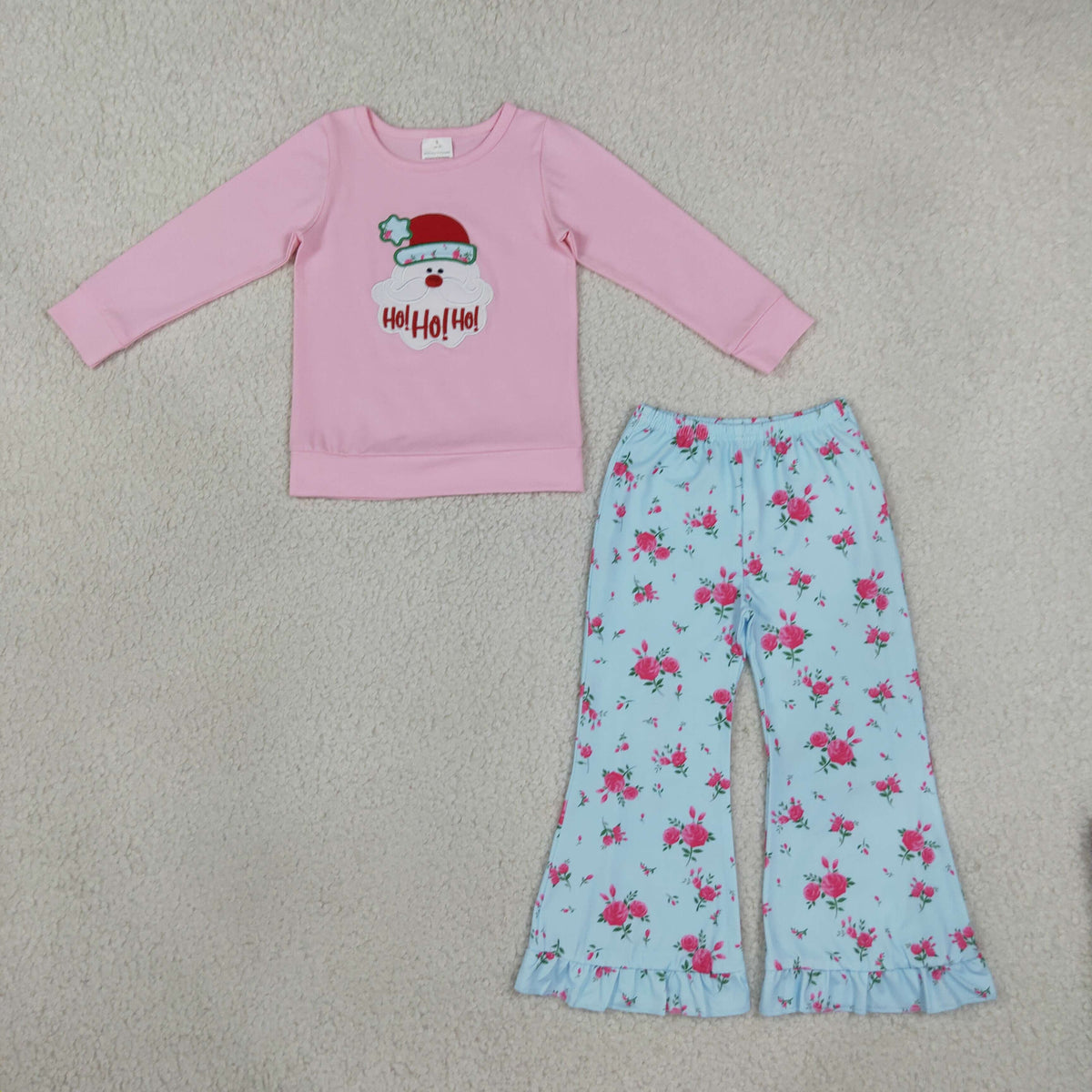 Embroidery Hat Santa Flowers Baby Girls Ruffle Flare Pant Christmas Clothes Set