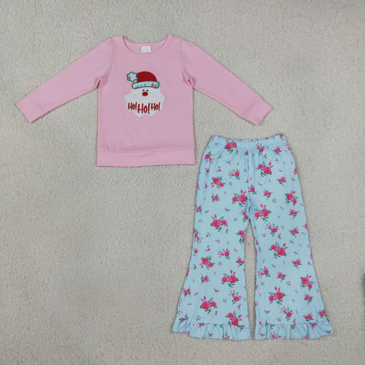 Embroidery Hat Santa Flowers Baby Girls Ruffle Flare Pant Christmas Clothes Set