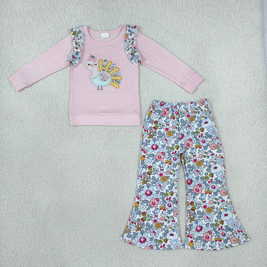 Sibling Baby Girls Embroidery Flowers Turkey Flare Pant Thanksgiving Set Pant Rompers