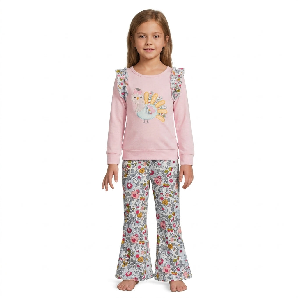 Embroidery Turkey Flowers Baby Girls Top Flare Pant Thanksgivings Clothes Sets