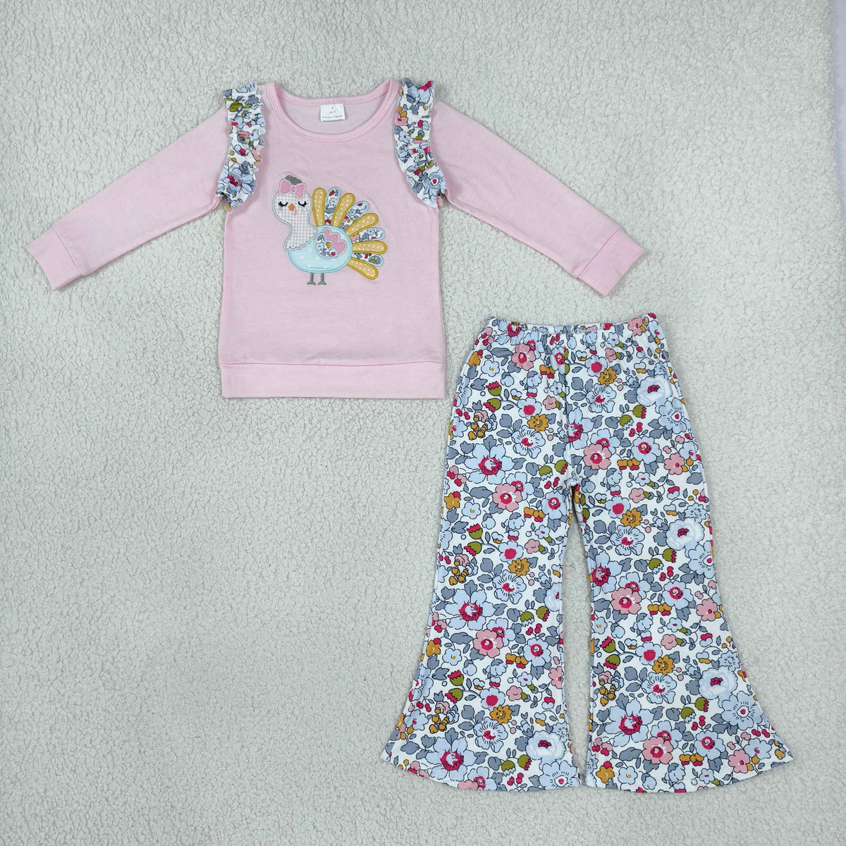 Embroidery Turkey Flowers Baby Girls Top Flare Pant Thanksgivings Clothes Sets