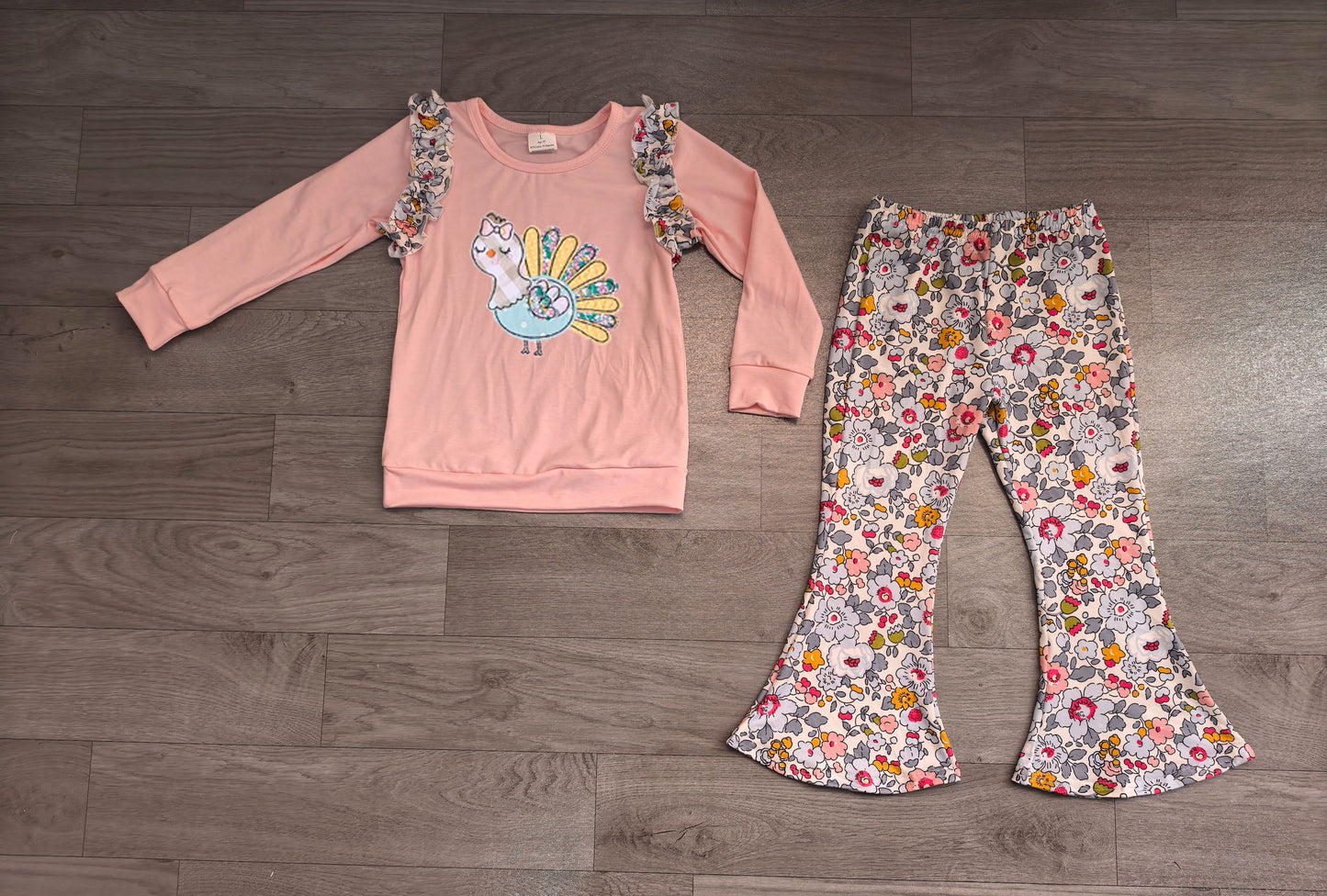 Embroidery Turkey Flowers Baby Girls Top Flare Pant Thanksgivings Clothes Sets Preorder