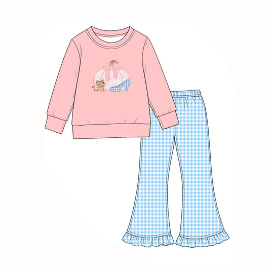 Preorder moq 5 Baby Girls Bow Pumpkins Mouse Top Checked Flare Pant Fall Clothes Sets