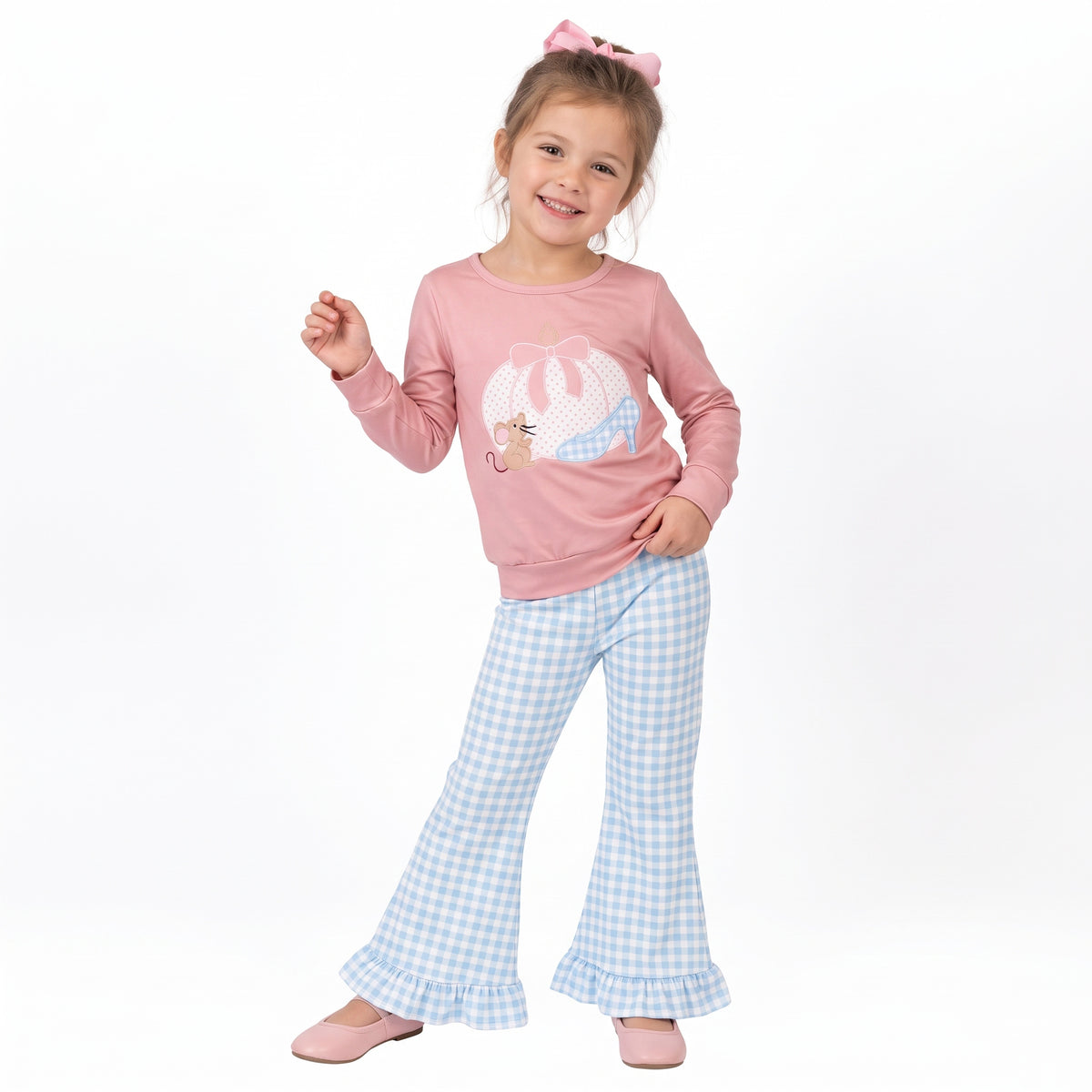 Baby Girls Bow Pumpkins Mouse Top Checked Ruffle Flare Pant Fall Clothes Sets