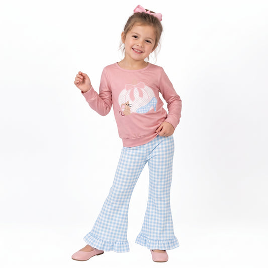 Baby Girls Bow Pumpkins Mouse Top Checked Ruffle Flare Pant Fall Clothes Sets