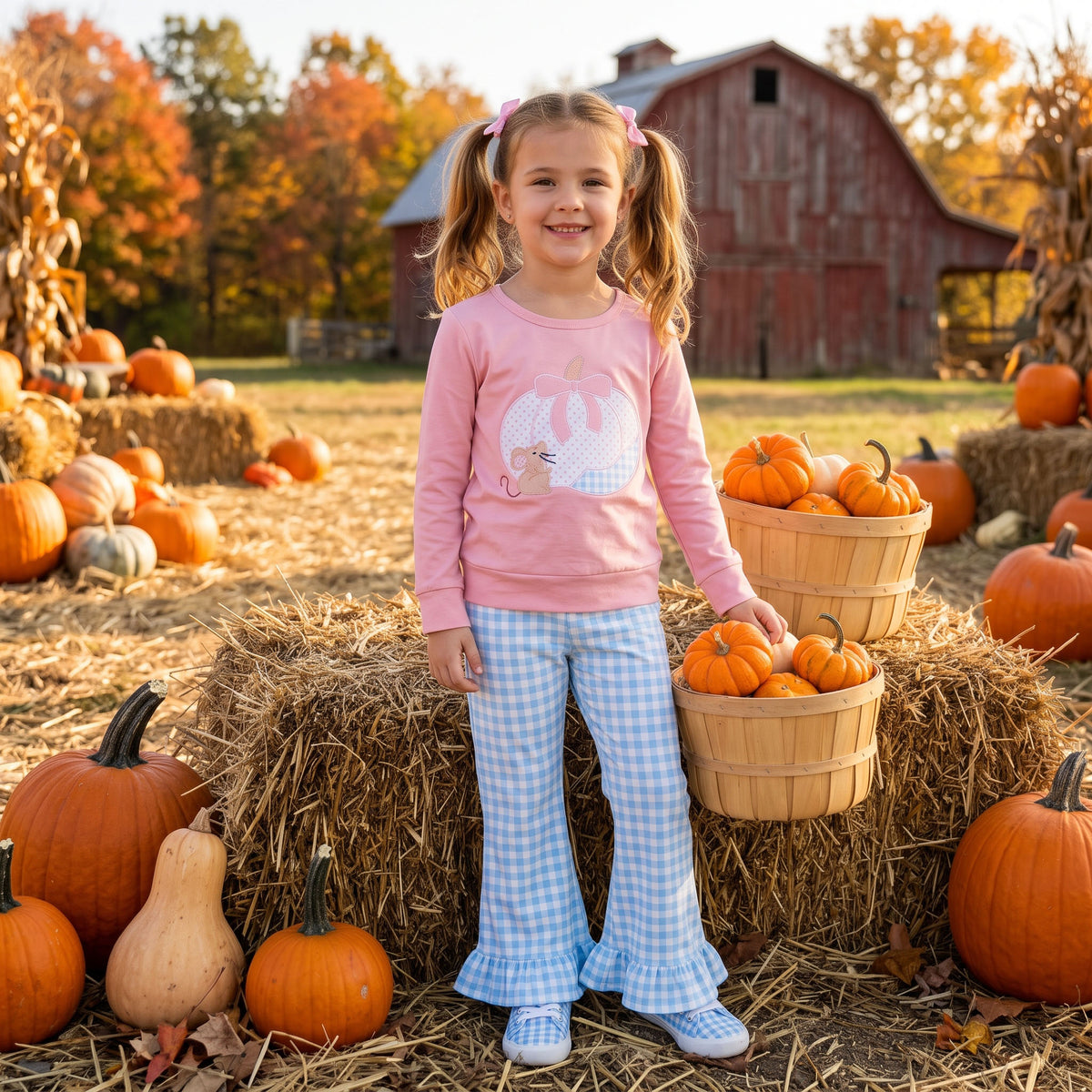 Baby Girls Bow Pumpkins Mouse Top Checked Ruffle Flare Pant Fall Clothes Sets