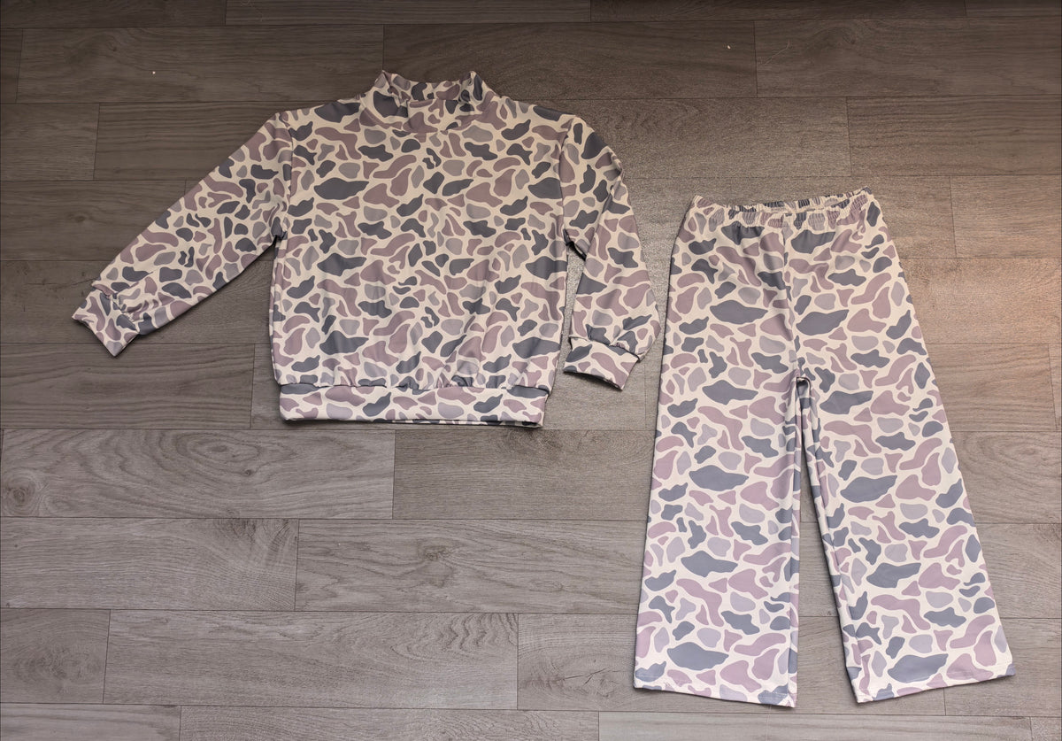 Baby Girls Light Grey Camo Choker Top Pockets Pants Yoga Active Clothes Set Preorder