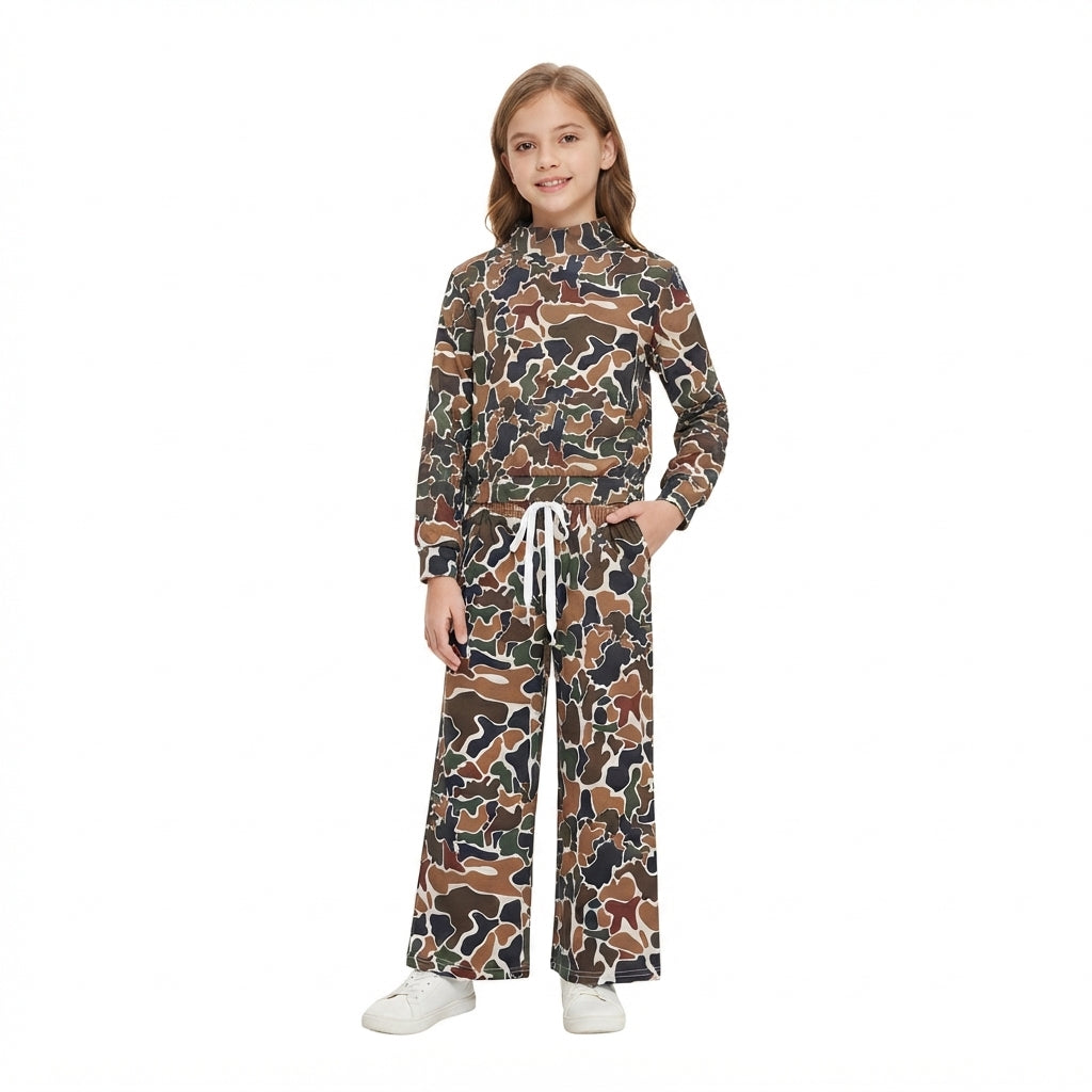 Baby Girls Dark Brown Camo Choker Top Pockets Flare Pant Yoga Active Clothes Set