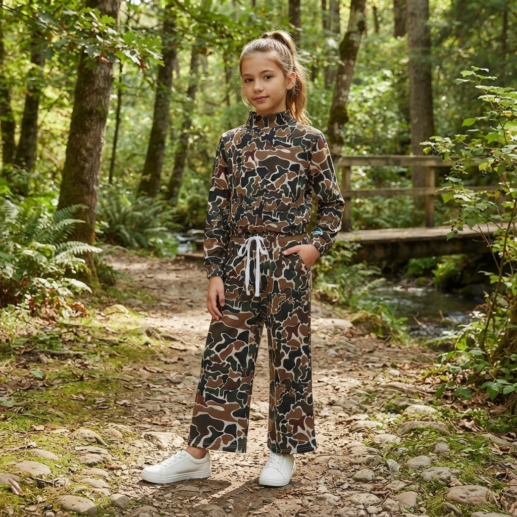 Baby Girls Dark Brown Camo Choker Top Pockets Flare Pant Yoga Active Clothes Set
