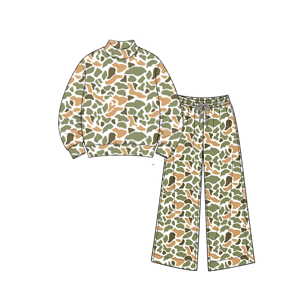Preorder moq 5 Baby Girls Green Yellow Camo Long Sleeve Top Pockets Pants Yoga Active Clothes Set