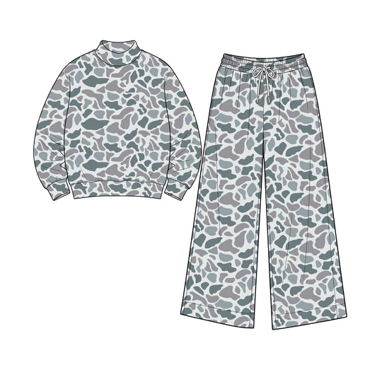 Preorder moq 5 Adult Women Light Grey Camo Long Sleeve Top Pockets Pants Yoga Active Clothes Set