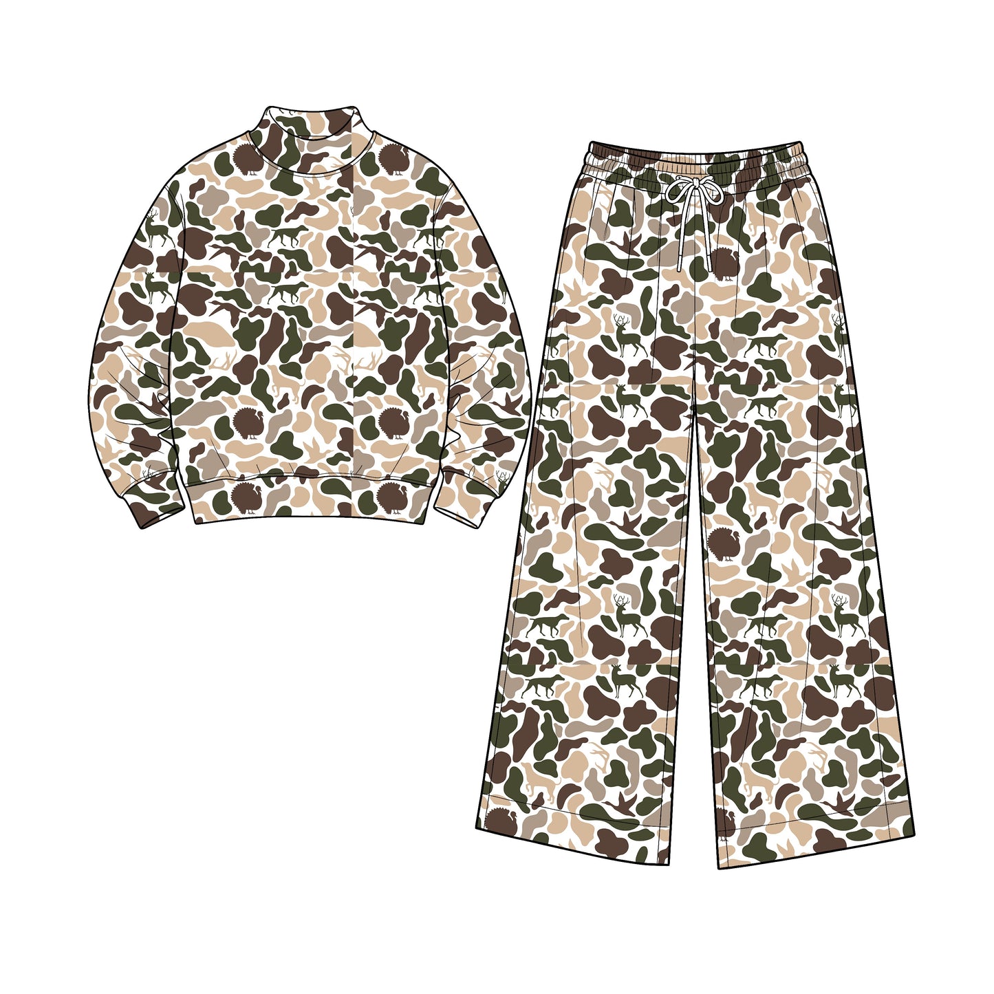 Preorder moq 5 Adult Women Deer Dogs Ducks Camo Long Sleeve Top Pockets Pants Yoga Active Clothes Set