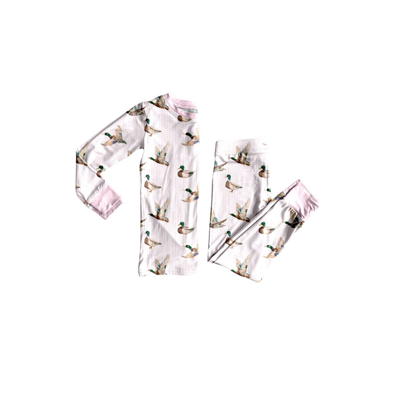 Preorder moq 5 Baby Girls Pink Stripe Ducks Top Pants Hunting  Pajamas Set