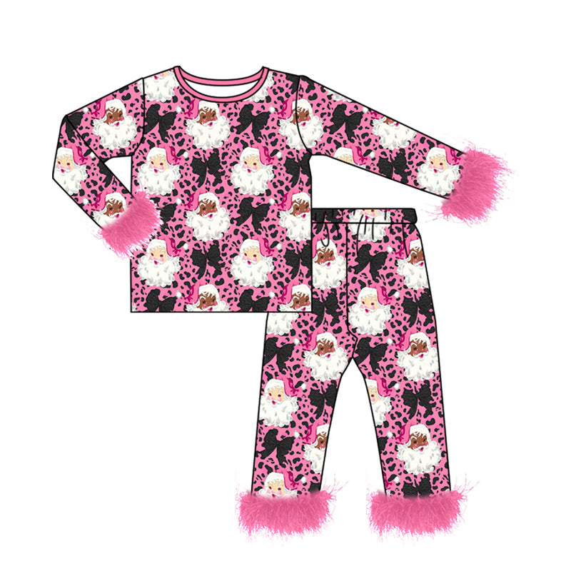 Preorder moq 5 Baby Girls Pink Leopard Santa Top Pants Fur Sleeves Christmas Pajamas Set