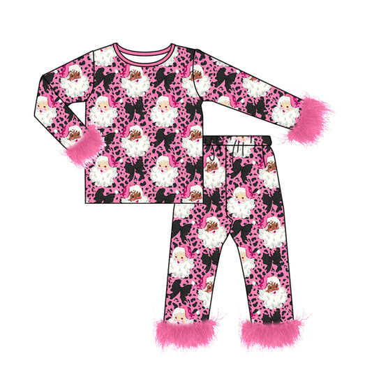 Preorder moq 5 Baby Girls Pink Leopard Santa Top Pants Fur Sleeves Christmas Pajamas Set