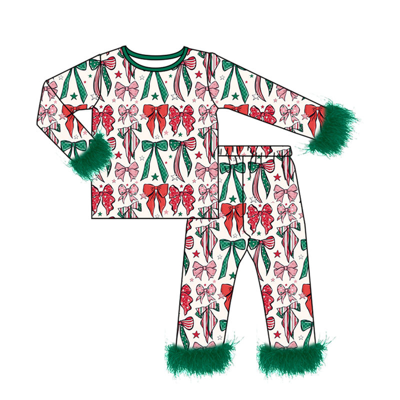 Preorder moq 5 Baby Girls Green Red Bows Top Pants Fur Sleeves Christmas Pajamas Set