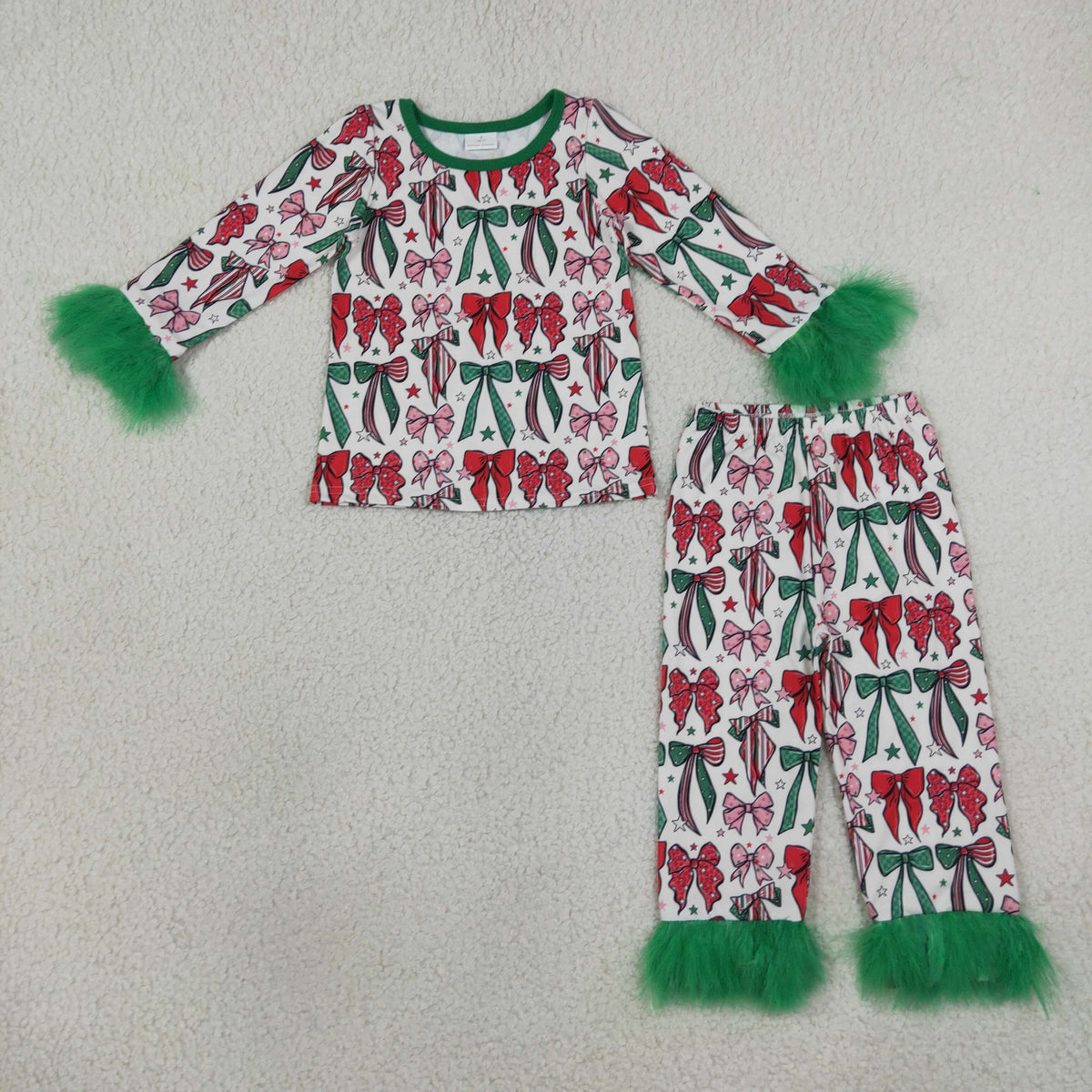 Baby Girls Green Red Bows Top Pants Fur Sleeves Christmas Pajamas Set