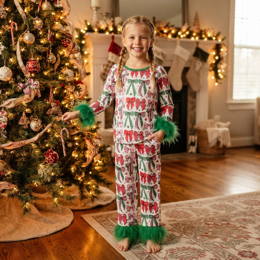 Baby Girls Green Red Bows Top Pants Fur Sleeves Christmas Pajamas Set